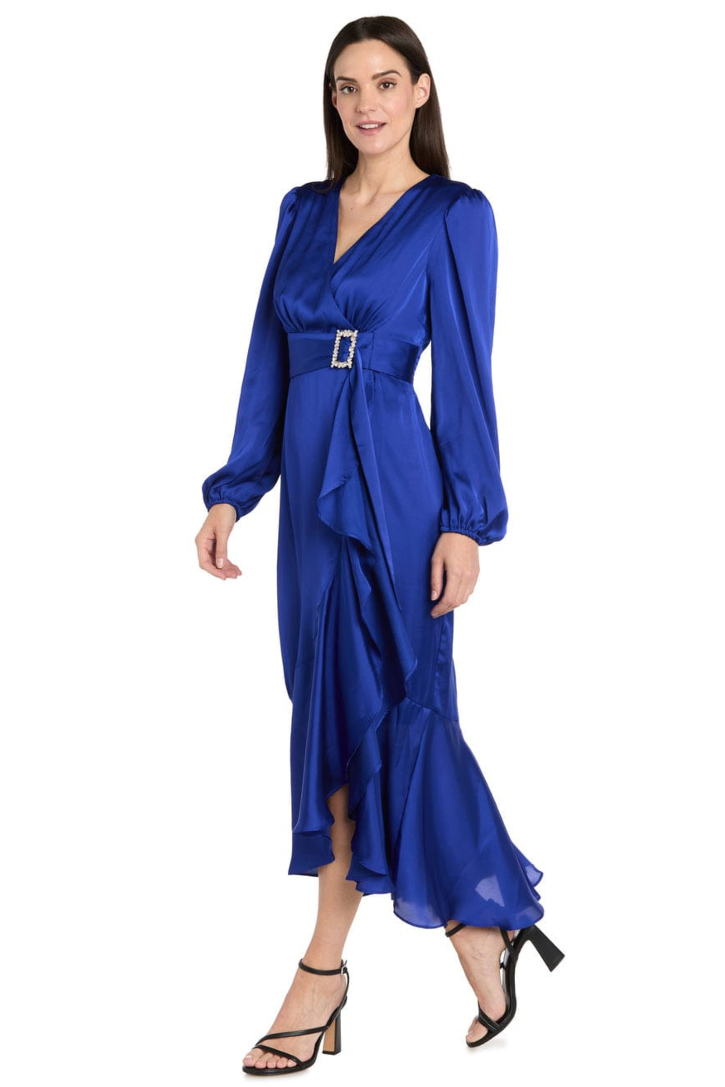 R&M Richards Satin Rhinestone-Buckle Faux-Wrap Party Dress