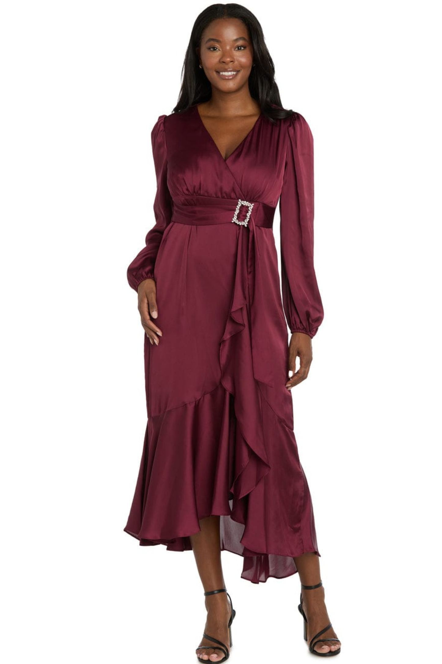 R&M Richards Satin Rhinestone-Buckle Faux-Wrap Party Dress