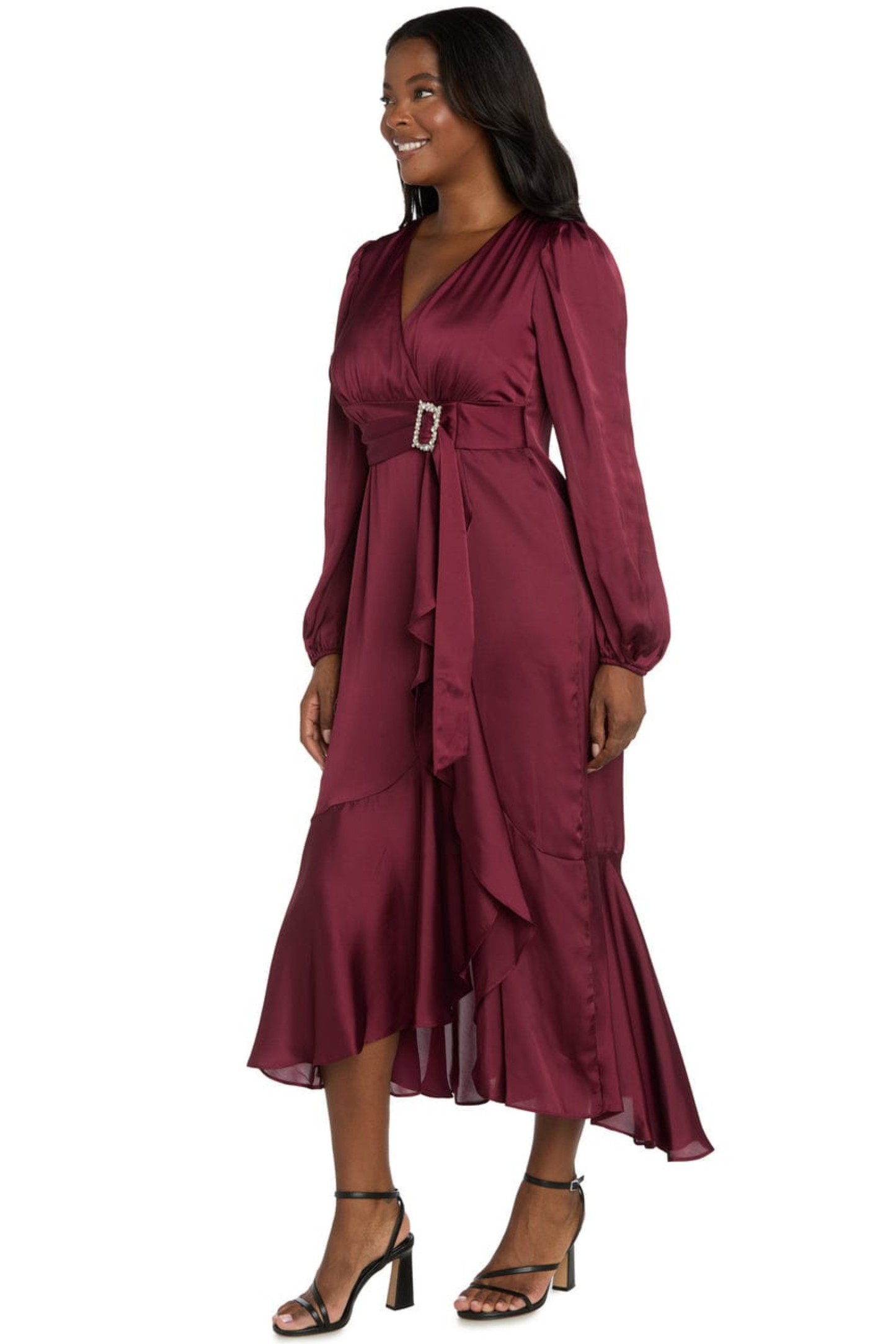 R&M Richards Satin Rhinestone-Buckle Faux-Wrap Party Dress