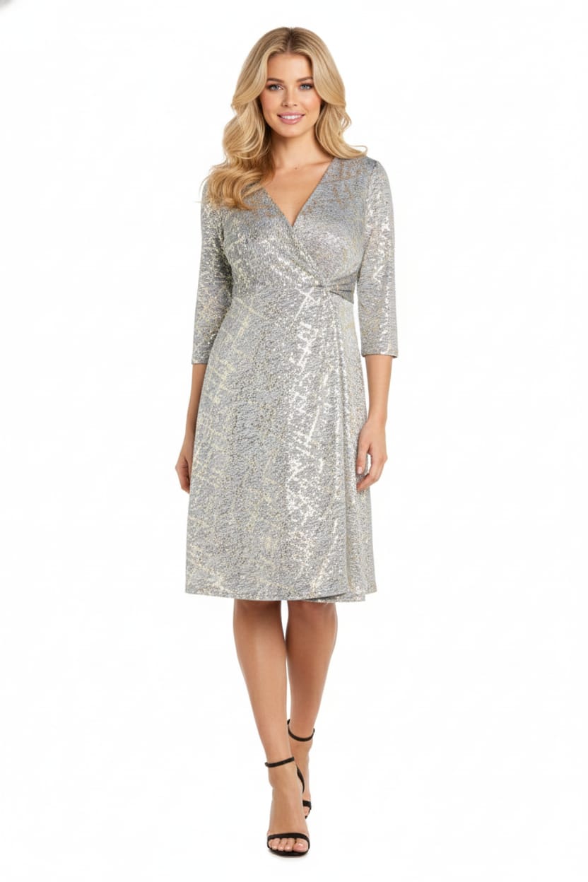 RM Richards Silver Gold Faux-Wrap Cocktail Dress