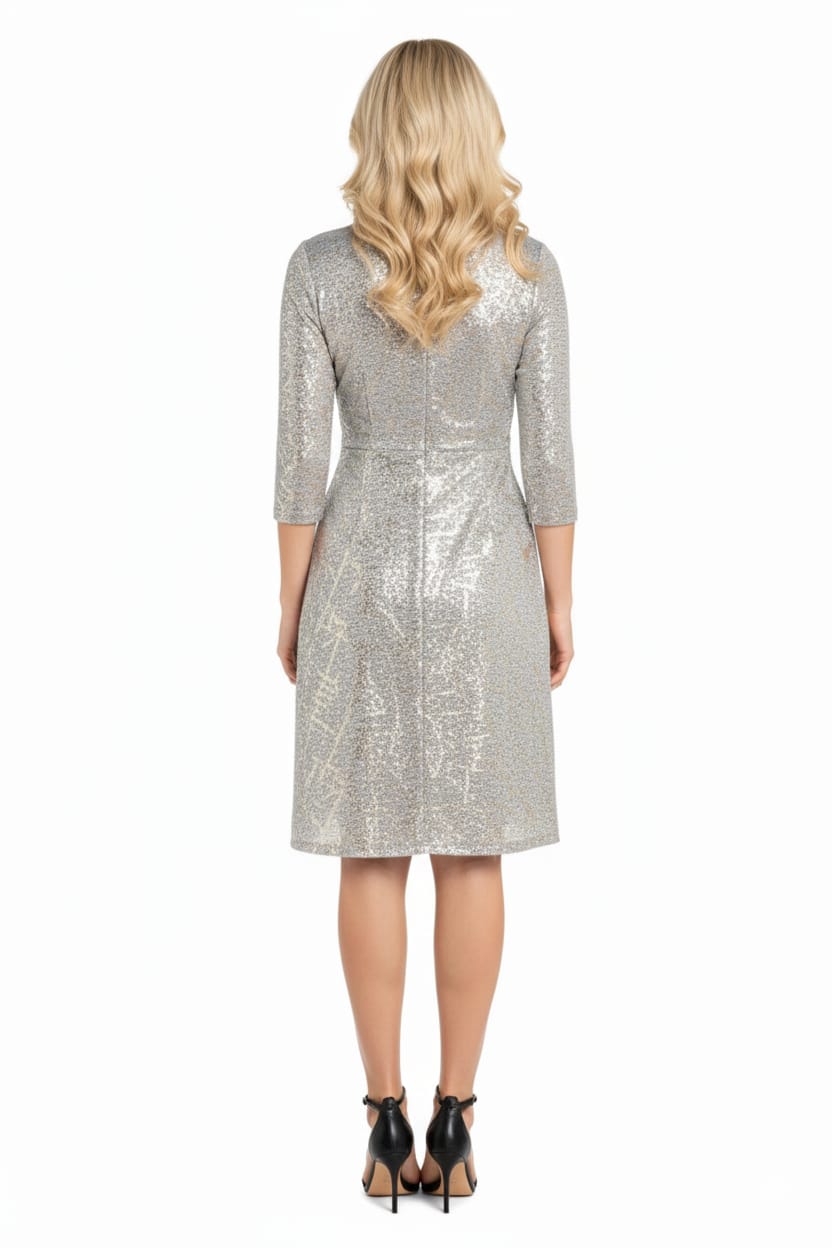 RM Richards Silver Gold Faux-Wrap Cocktail Dress
