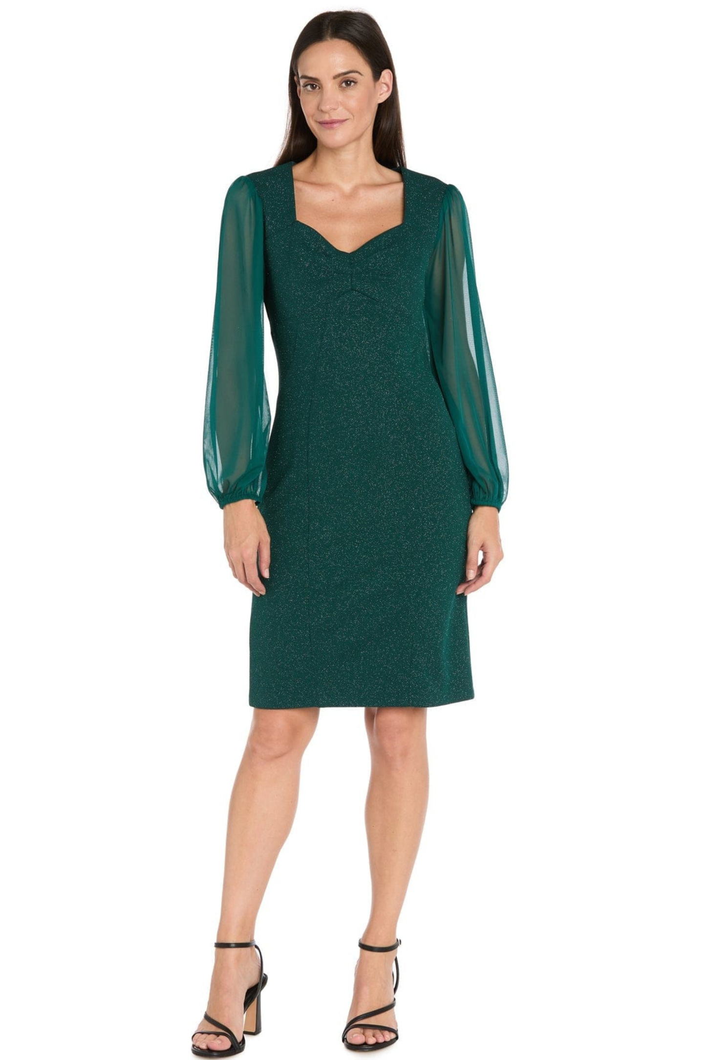 R&M Richards Hunter Green Metallic Glitter Chiffon Sleeve Party Dress
