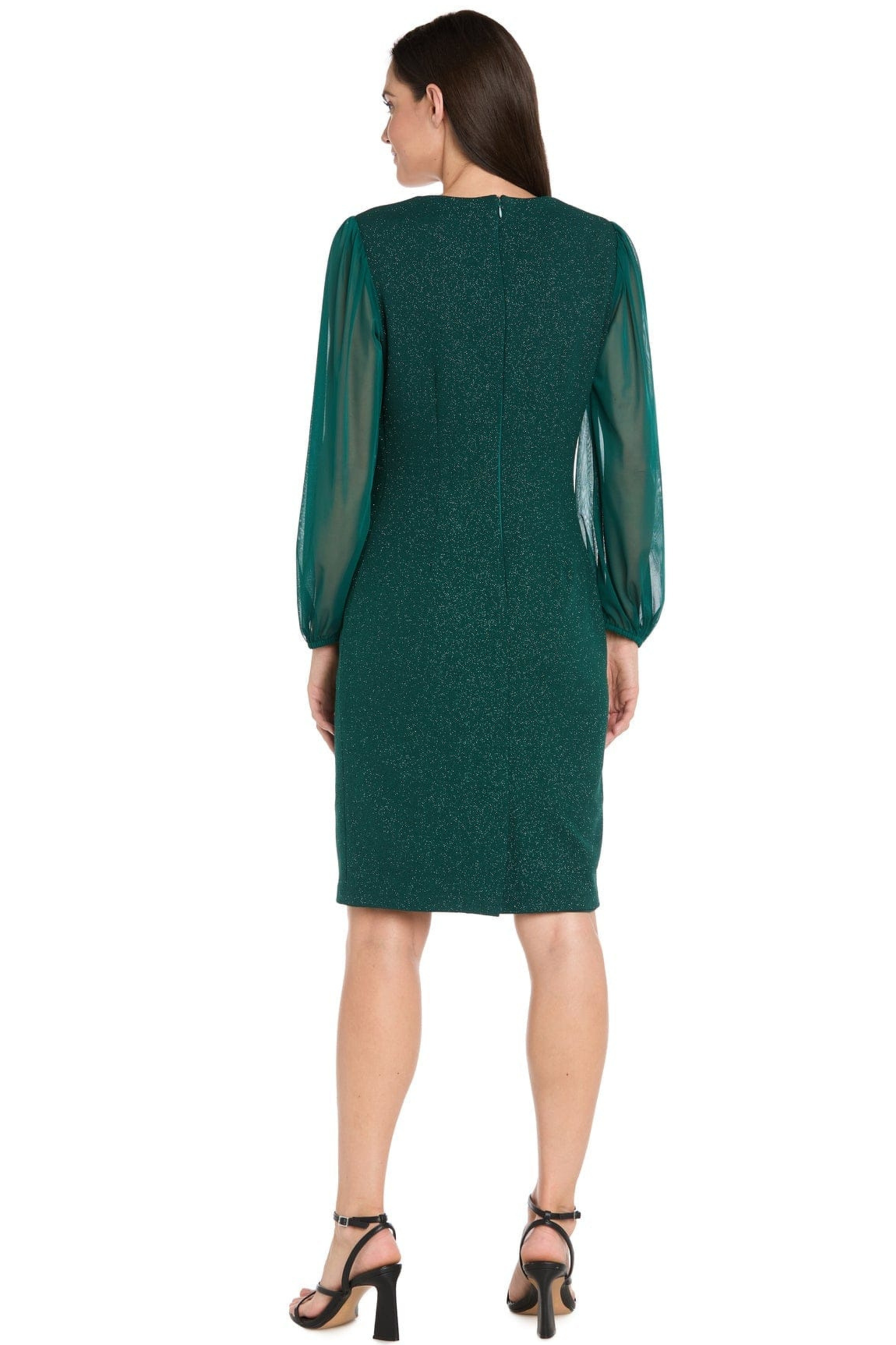 R&M Richards Hunter Green Metallic Glitter Chiffon Sleeve Party Dress