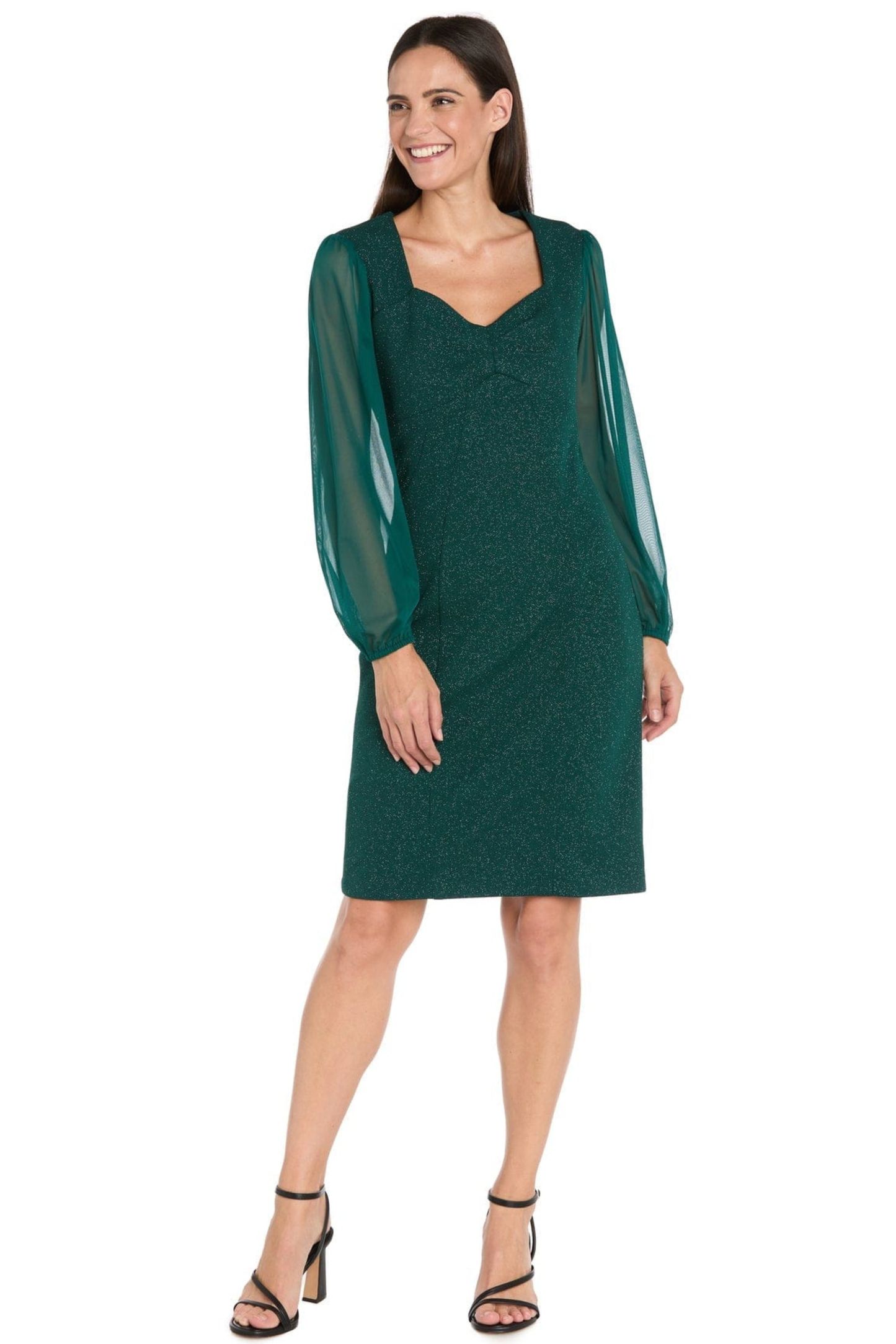 R&M Richards Hunter Green Metallic Glitter Chiffon Sleeve Party Dress