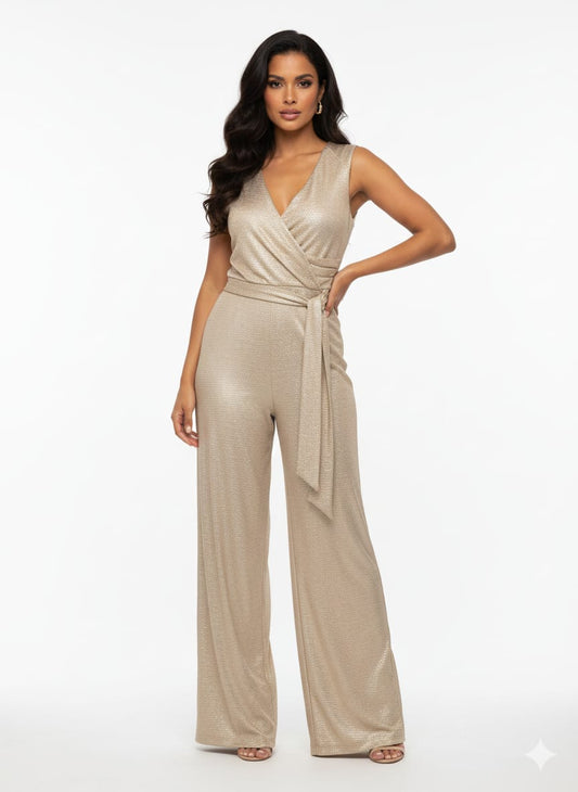 RM Richards Sleeveless Metallic Faux-Wrap Jumpsuit