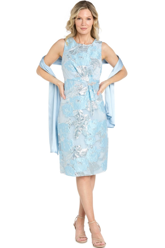 R&M Richards Sky Blue Metallic Floral Jacquard Sheath Dress with Matching Shawl