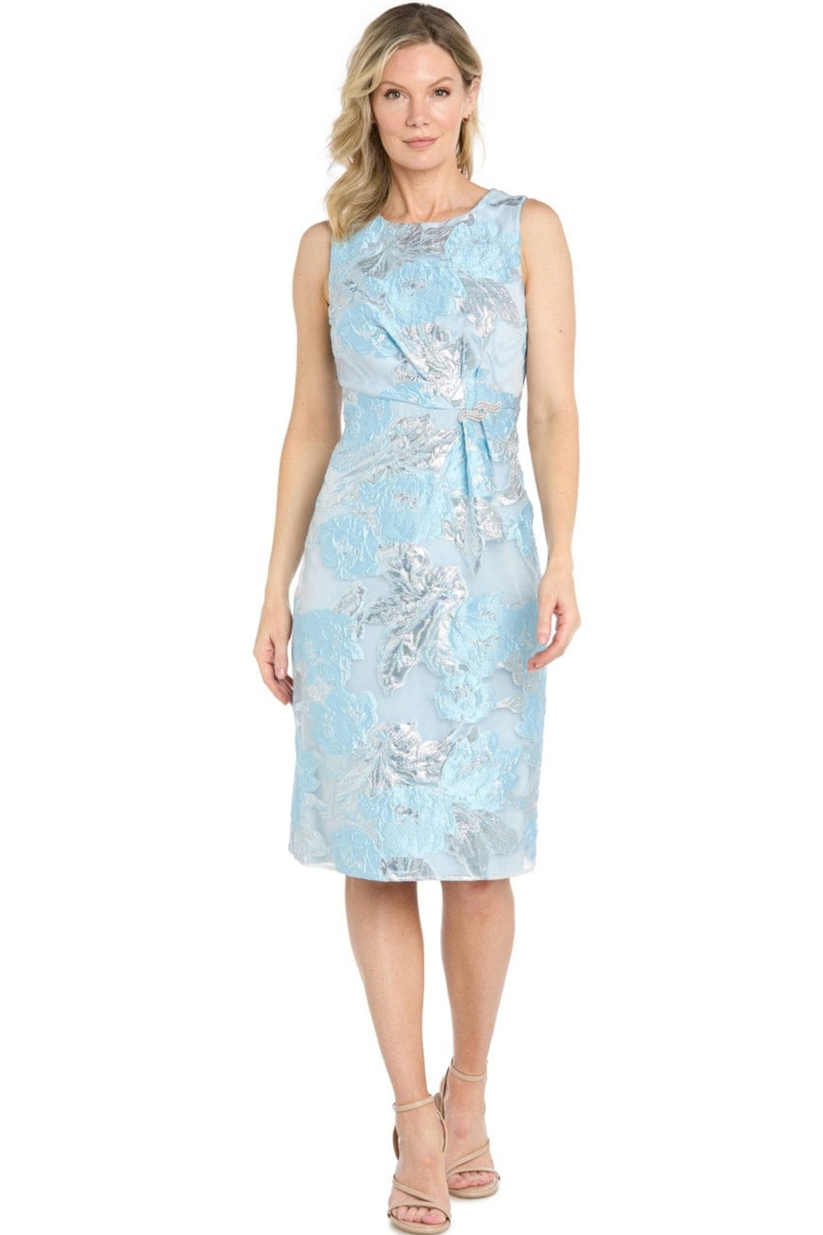 R&M Richards Sky Blue Metallic Floral Jacquard Sheath Dress with Matching Shawl