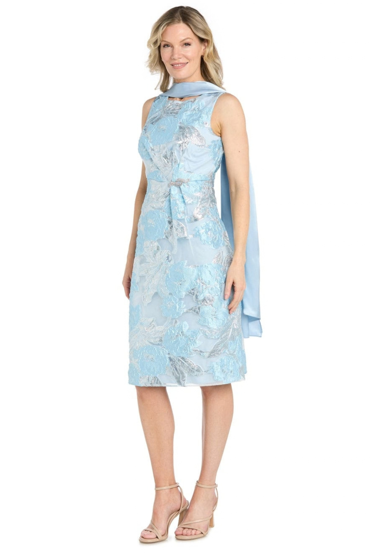 R&M Richards Sky Blue Metallic Floral Jacquard Sheath Dress with Matching Shawl
