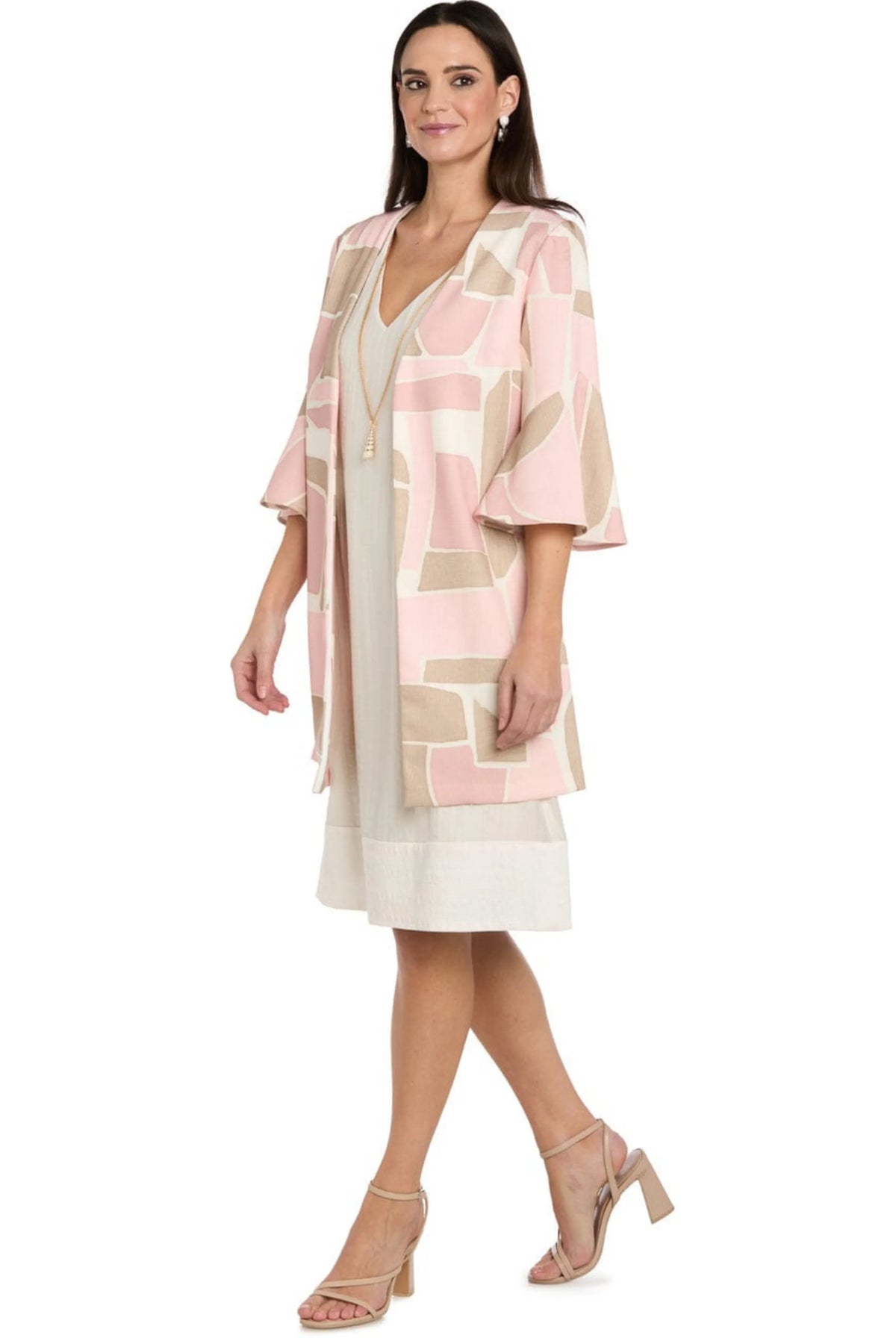 R&M Richards Blush Beige Geometric Print Bell-Sleeve Jacket Dress