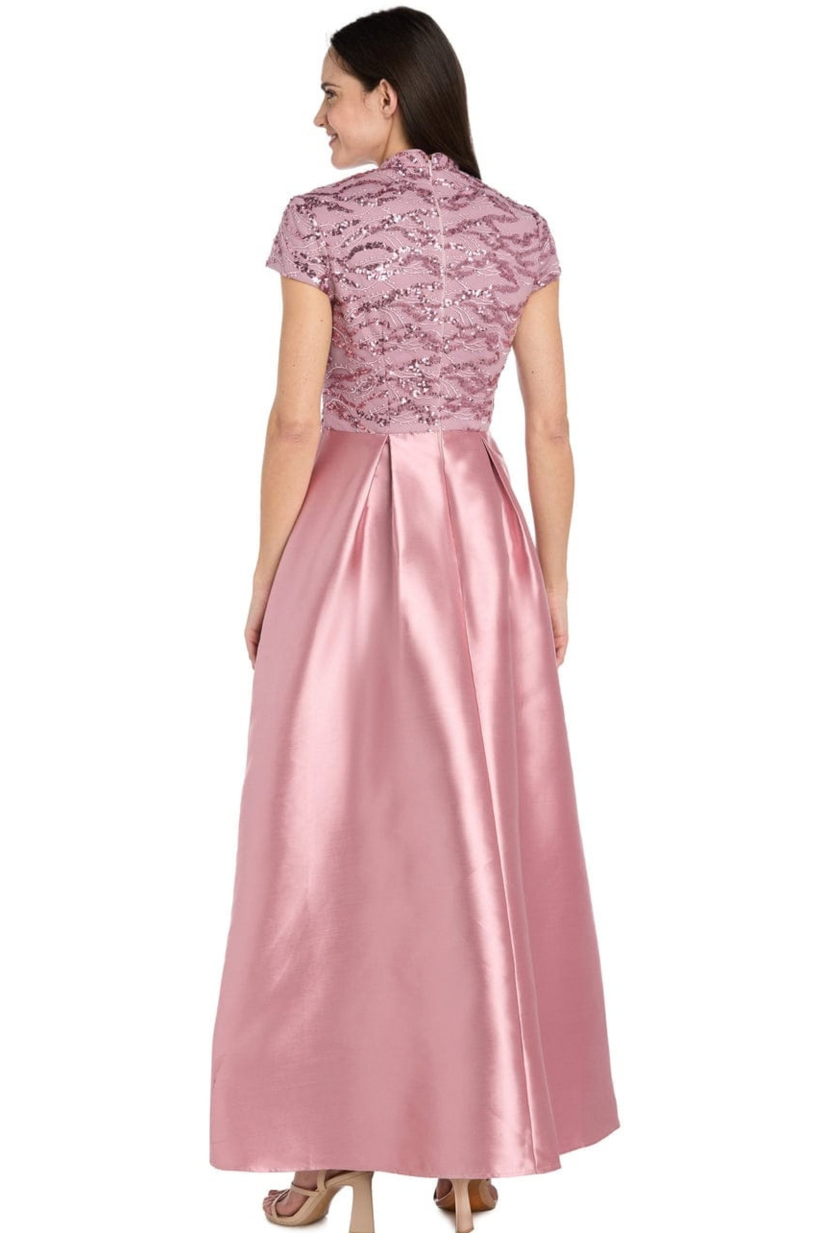 R&M Richards Rose Sequin Bodice Satin Cascade Evening Gown