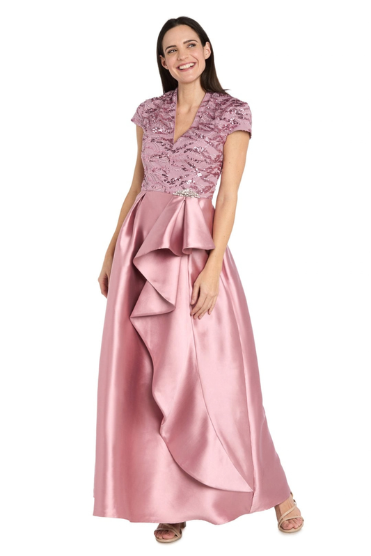 R&M Richards Rose Sequin Bodice Satin Cascade Evening Gown