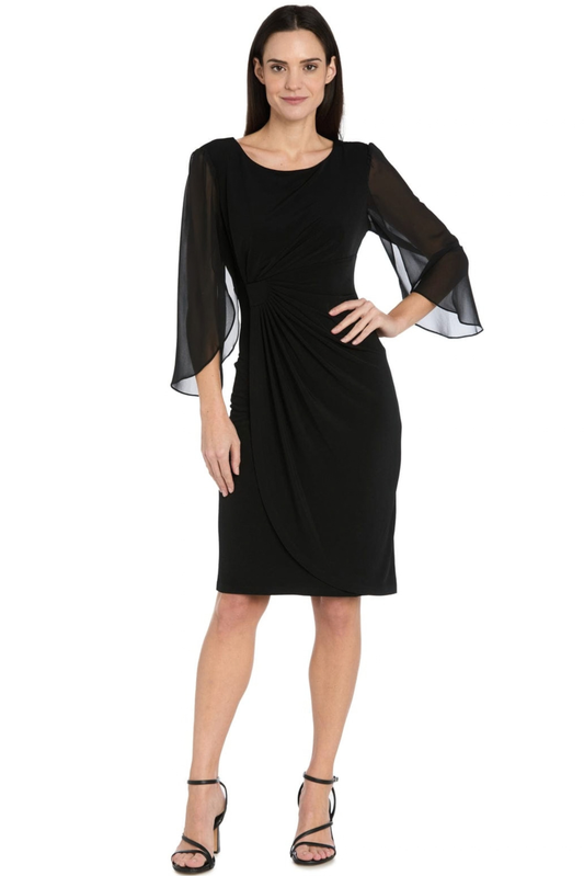 R&M Richards Side Rouched Sheath Dress with Sheer Bell Sleeves