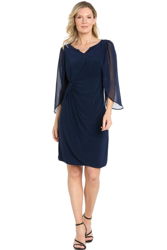 Richards Navy Side-Ruched Sheath Dress with Sheer Flutter Sleeves