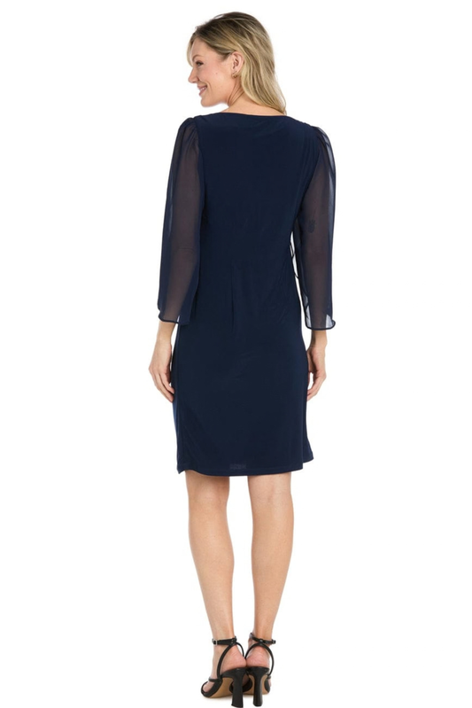 Richards Navy Side-Ruched Sheath Dress with Sheer Flutter Sleeves