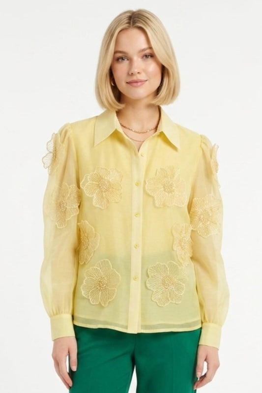 Vivid Floral Embellished Applique Button Down Top