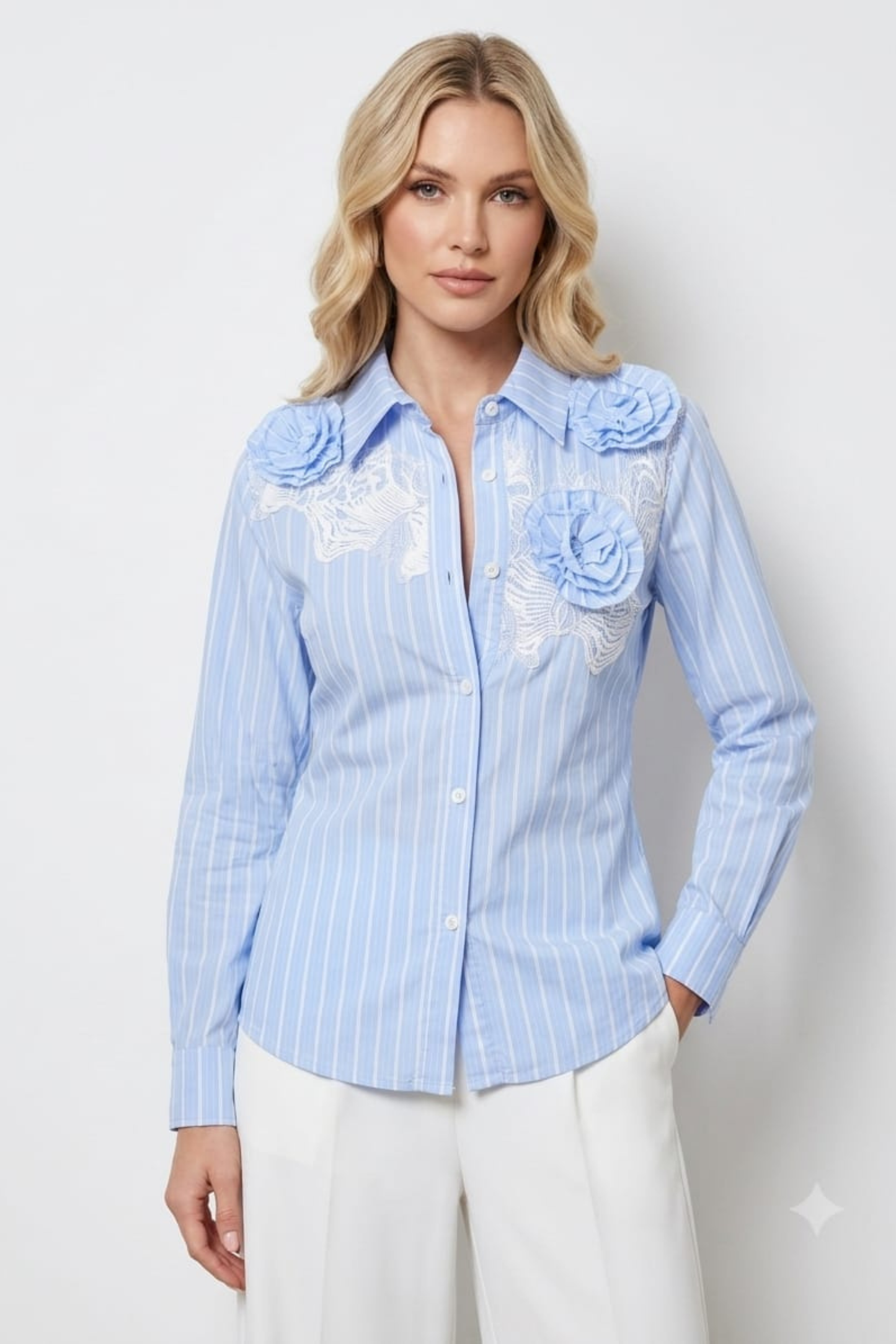 Vivid Blue Striped Rosette & Lace Button-Down Top