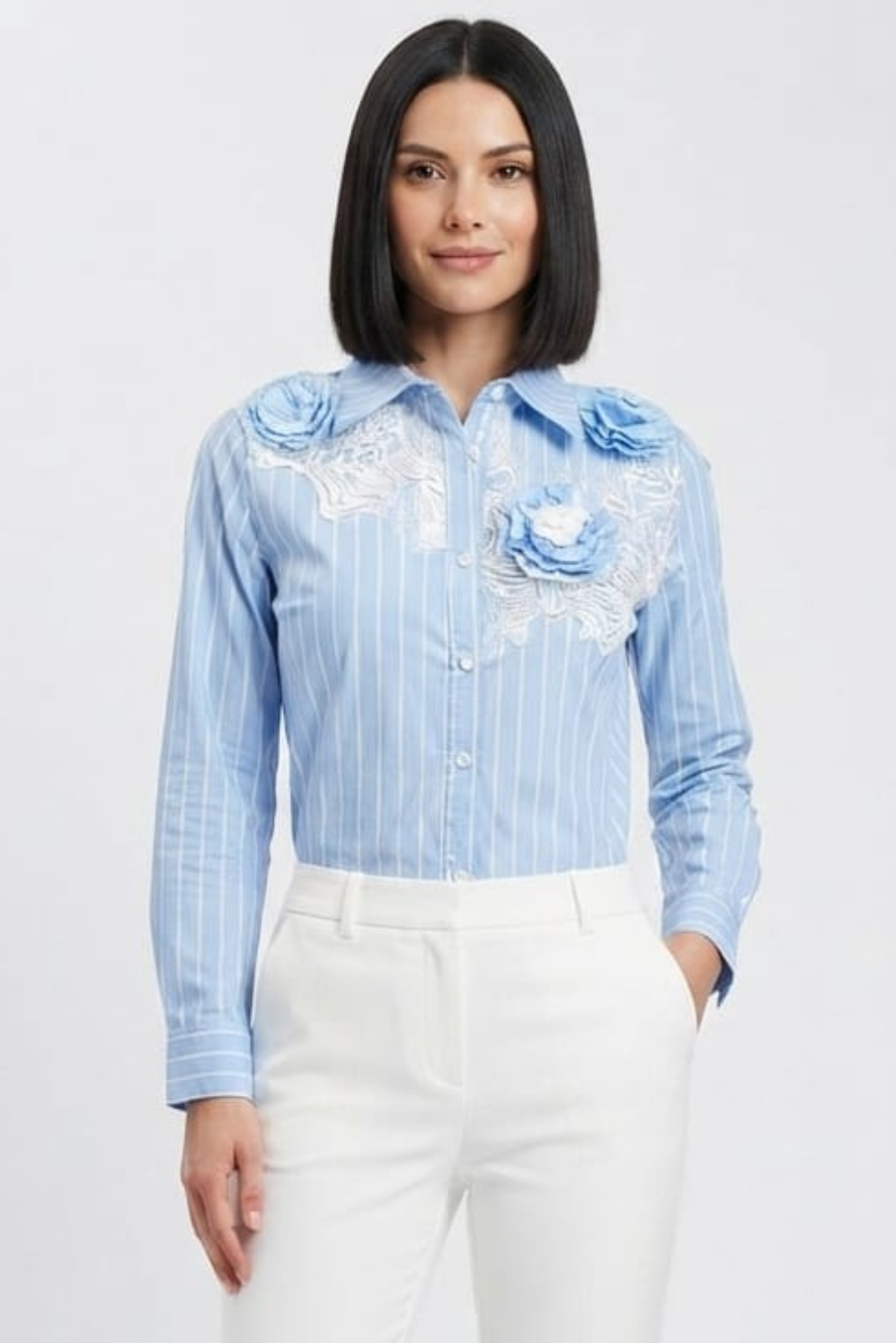 Vivid Blue Striped Rosette & Lace Button-Down Top