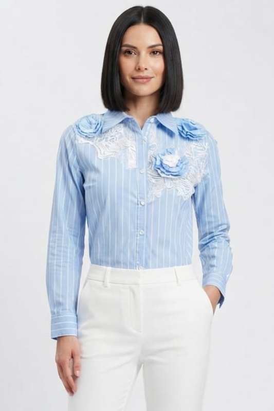 Vivid Blue Striped Rosette & Lace Button-Down Top