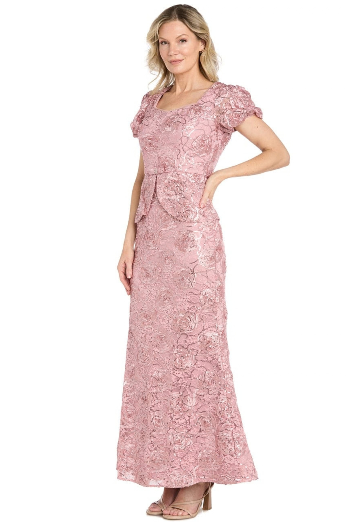 R&M Richards Floral Jacquard Puff Sleeve Peplum Evening Dress