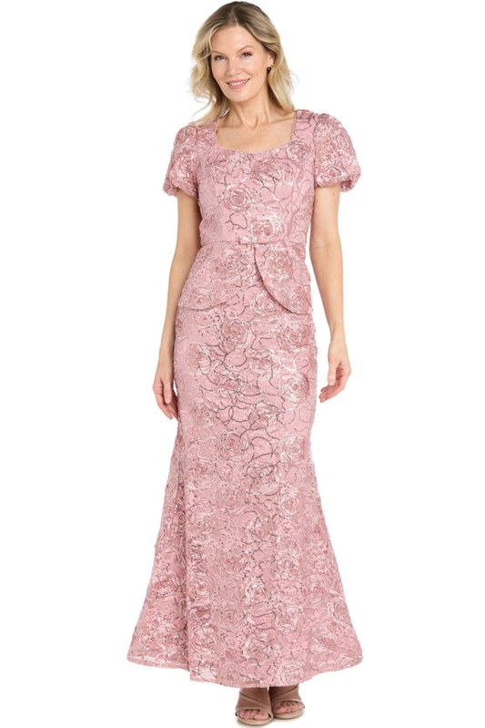 R&M Richards Floral Jacquard Puff Sleeve Peplum Evening Dress