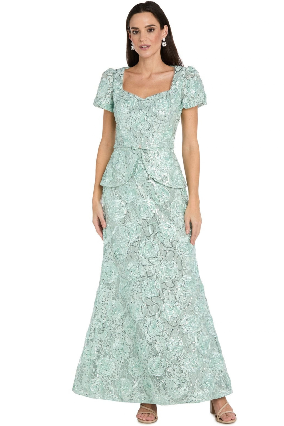R&M Richards Floral Jacquard Puff Sleeve Peplum Evening Dress