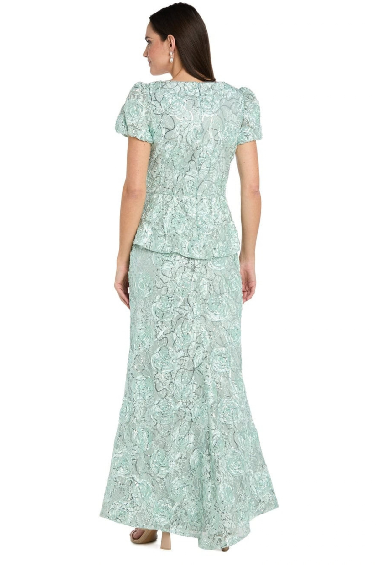 R&M Richards Floral Jacquard Puff Sleeve Peplum Evening Dress