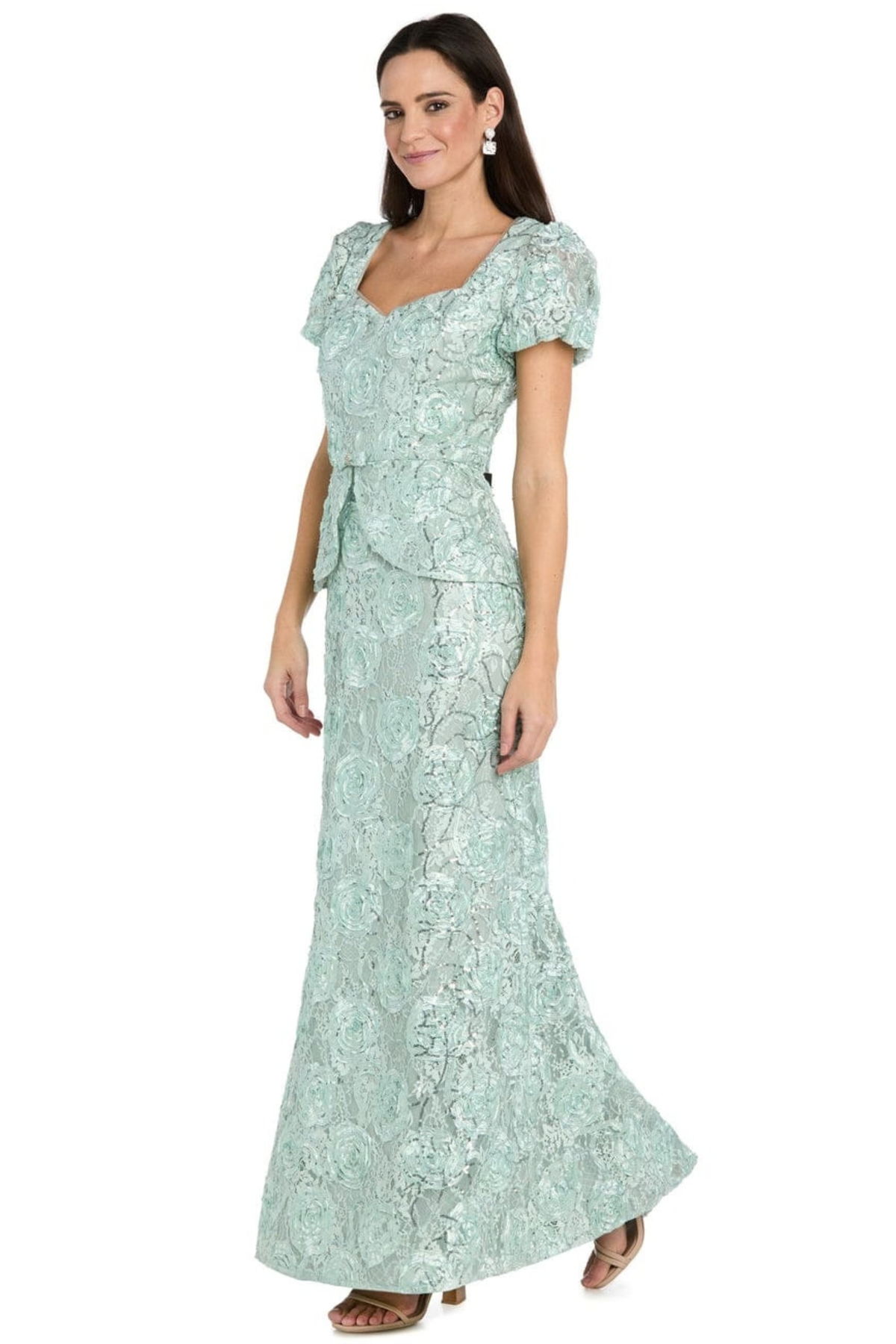 R&M Richards Floral Jacquard Puff Sleeve Peplum Evening Dress