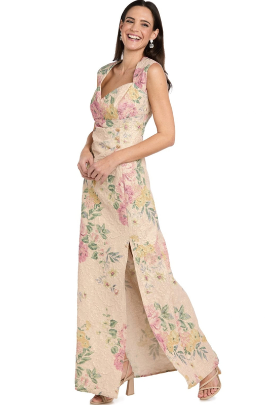 R&M Richards Antique Rose Floral Jacquard Side-Slit Evening Dress