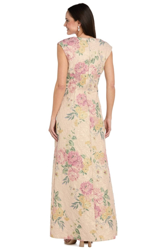 R&M Richards Antique Rose Floral Jacquard Side-Slit Evening Dress