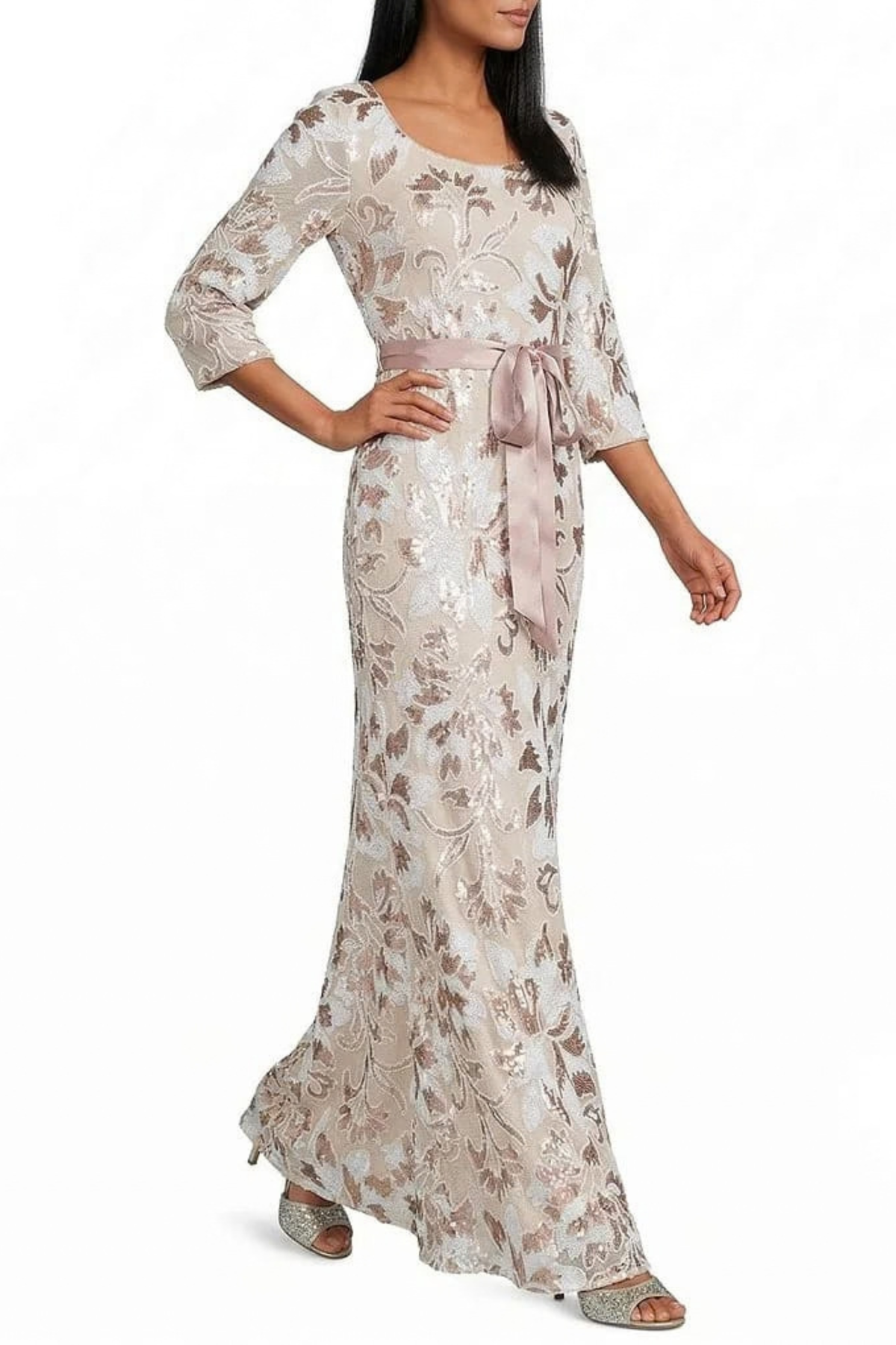 R&M Richards Nude Multi Sequin Floral 3/4-Sleeve Evening Gown with Satin Sash