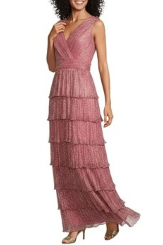 R&M Richards  Metallic Plisse Tiered Sleeveless Evening Dress