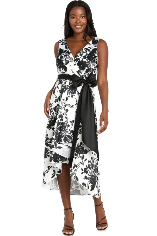R&M Richards Black & White Floral Print Asymmetric Satin Bow Midi Dress