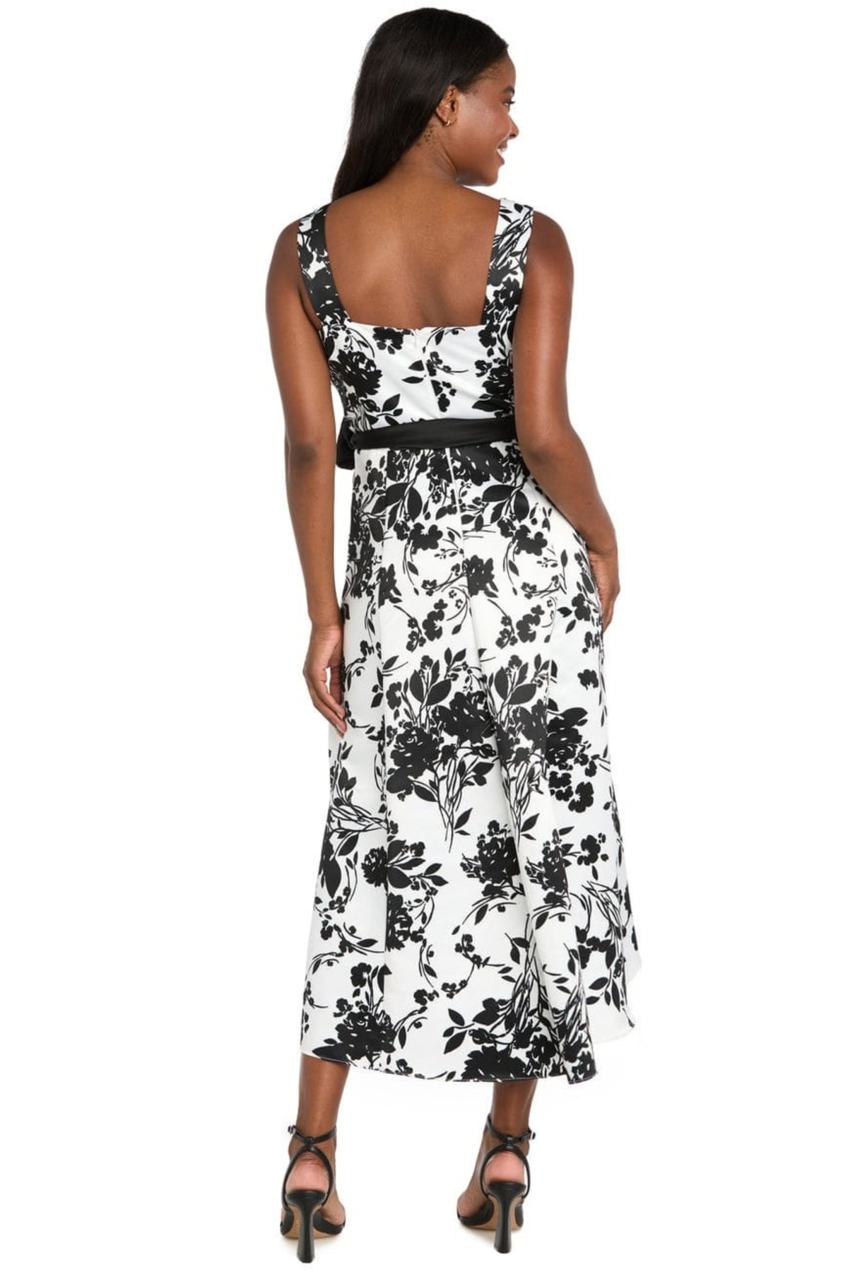 R&M Richards Black & White Floral Print Asymmetric Satin Bow Midi Dress
