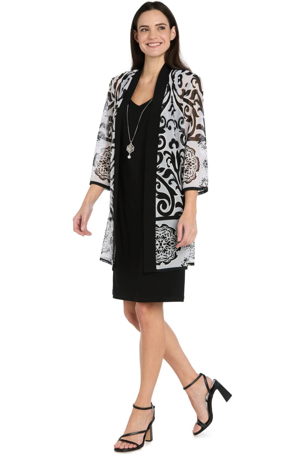 R&M Richards Black Ivory Scroll Print Duster Jacket Dress