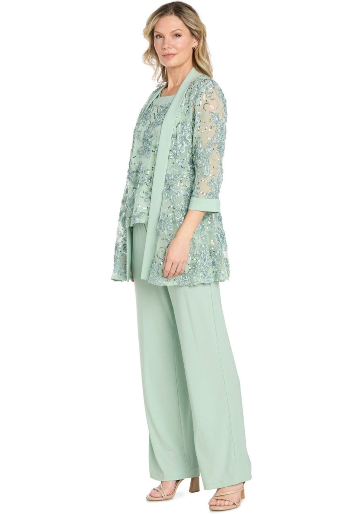 R&M Richards Sage Green Sequined Lace 3-Piece Pant Suit