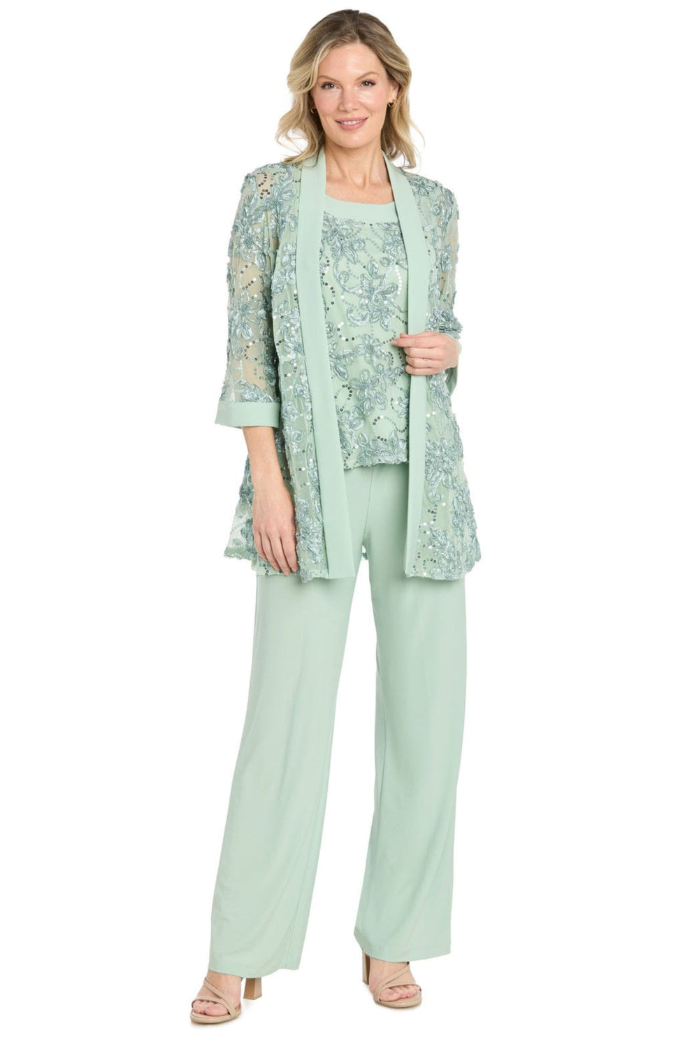 R&M Richards Sage Green Sequined Lace 3-Piece Pant Suit