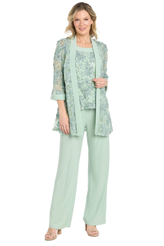 R&M Richards Sage Green Sequined Lace 3-Piece Pant Suit