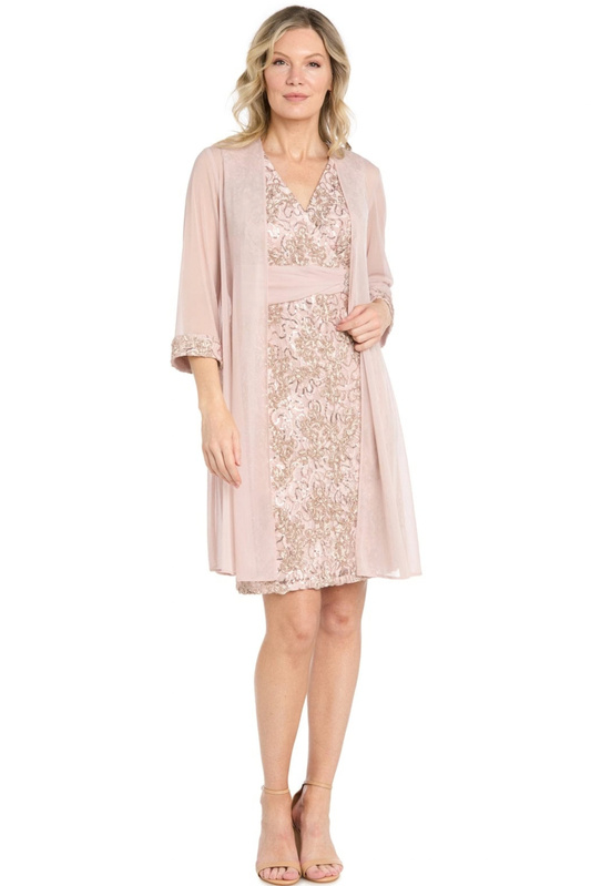 R&M Richards Sequined Lace Sheath Dress with Matching Chiffon Jacket