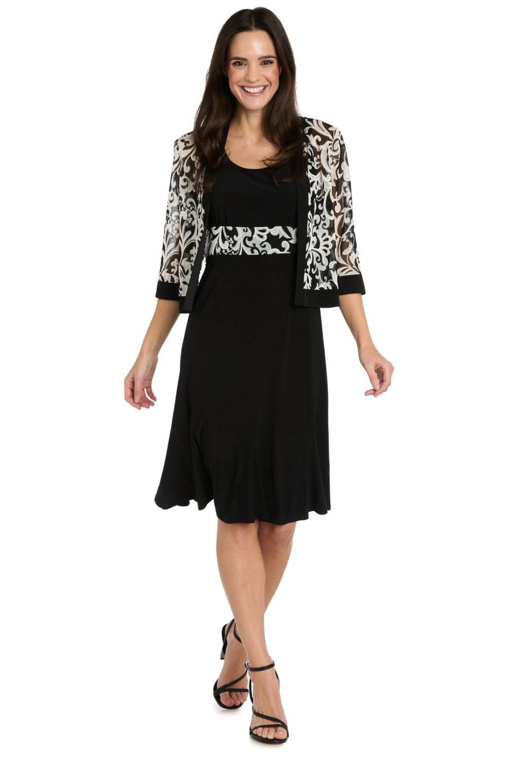 R&M Richards Black White Scroll Print Jacket Dress Set