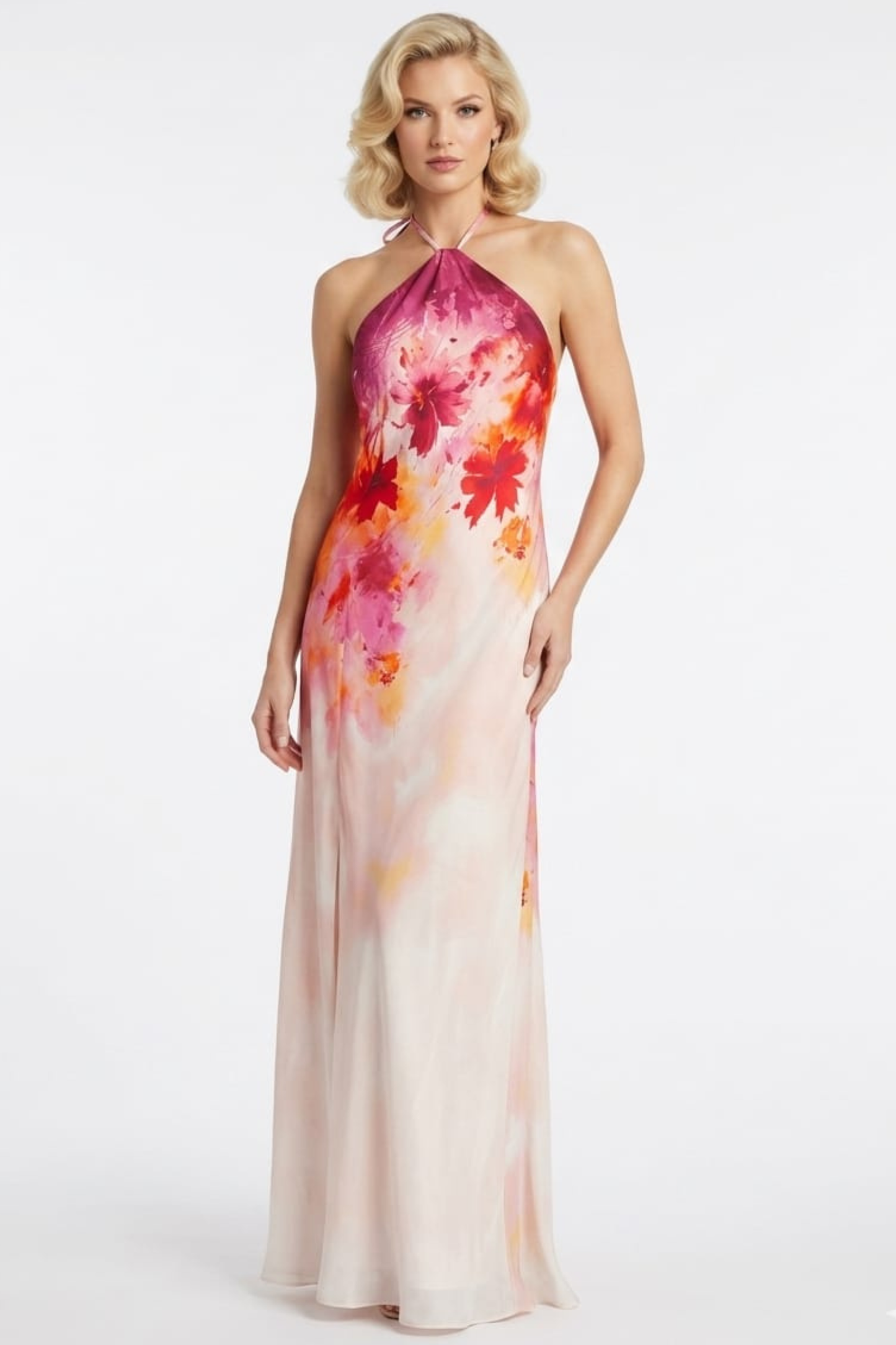 Morgan and Co Floral Halter-Neck Satin Evening Gown