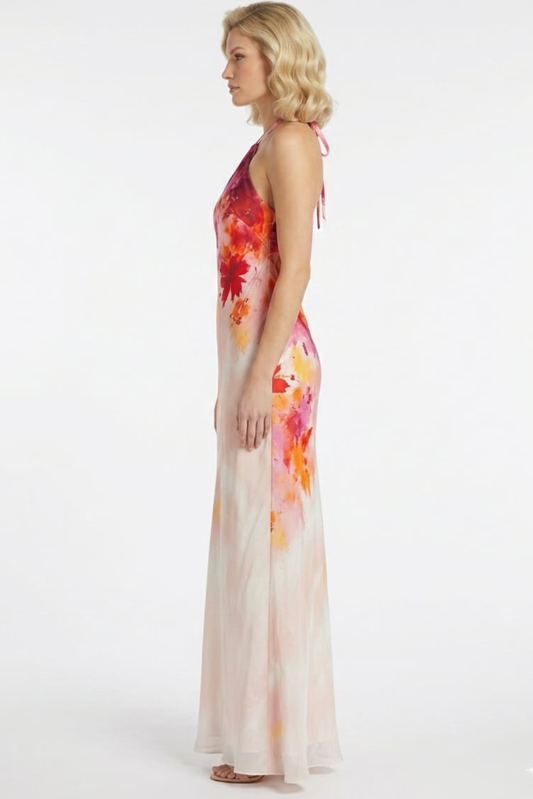 Morgan and Co Floral Halter-Neck Satin Evening Gown