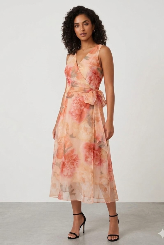 R&M Richards Peach Coral Floral Organza Wrap A-Line Midi Dress