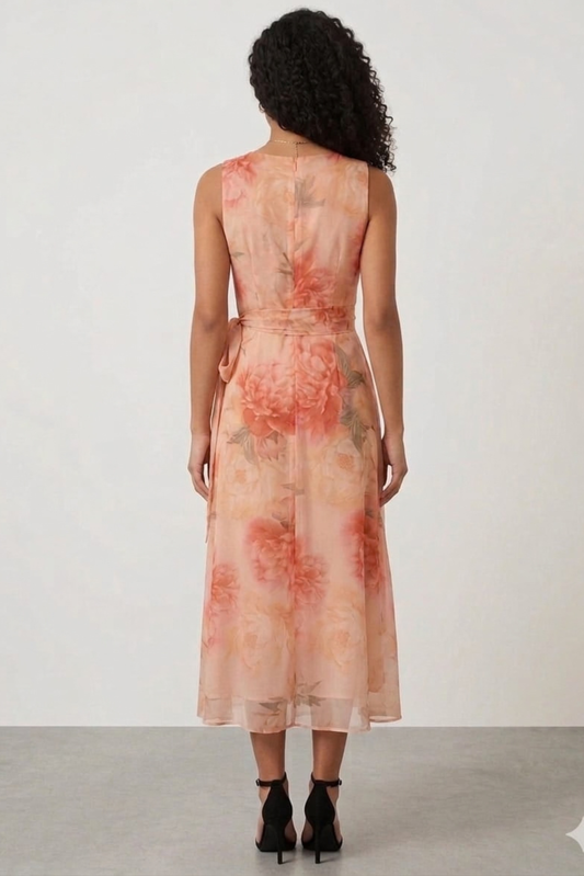 R&M Richards Peach Coral Floral Organza Wrap A-Line Midi Dress