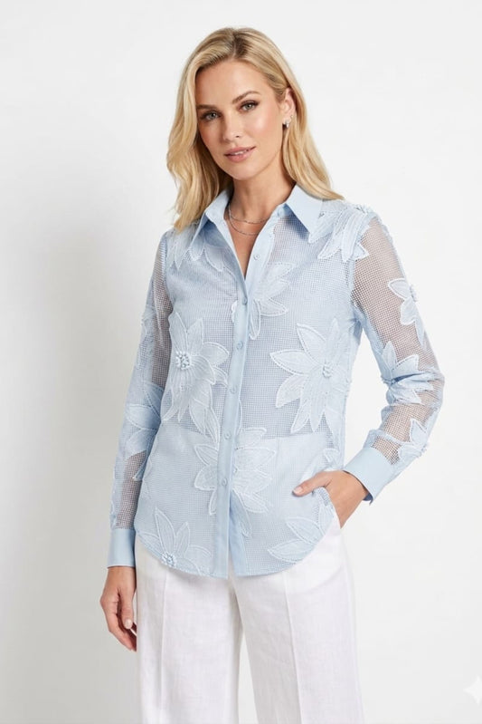 VIVID Mesh Floral Appliqué Button-Down Shirt