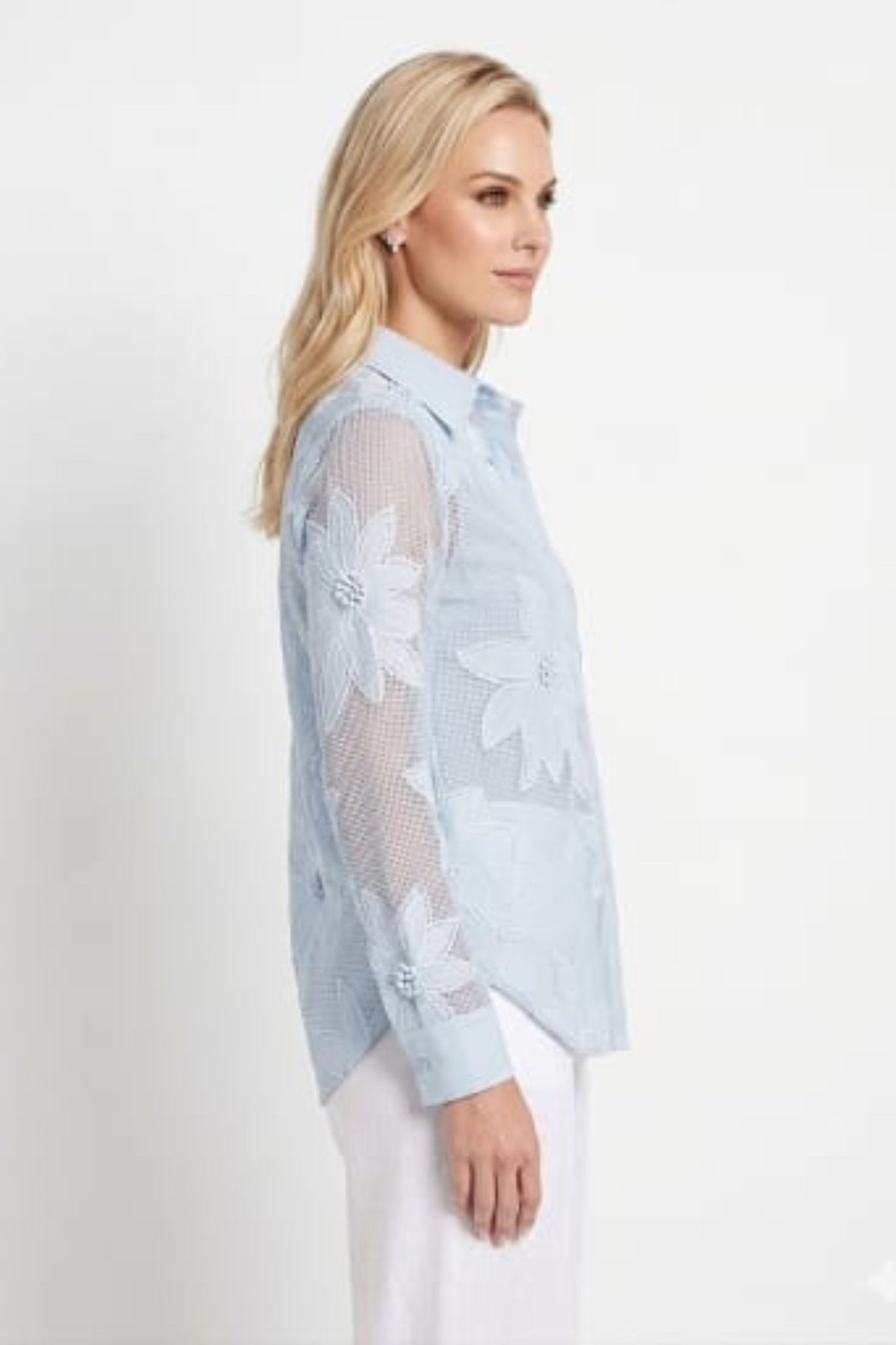 VIVID Mesh Floral Appliqué Button-Down Shirt