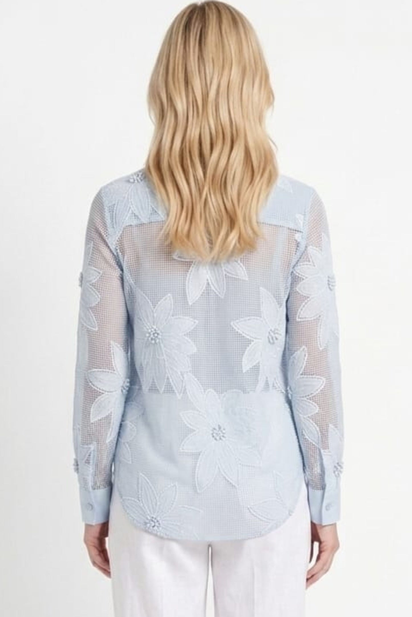 VIVID Mesh Floral Appliqué Button-Down Shirt