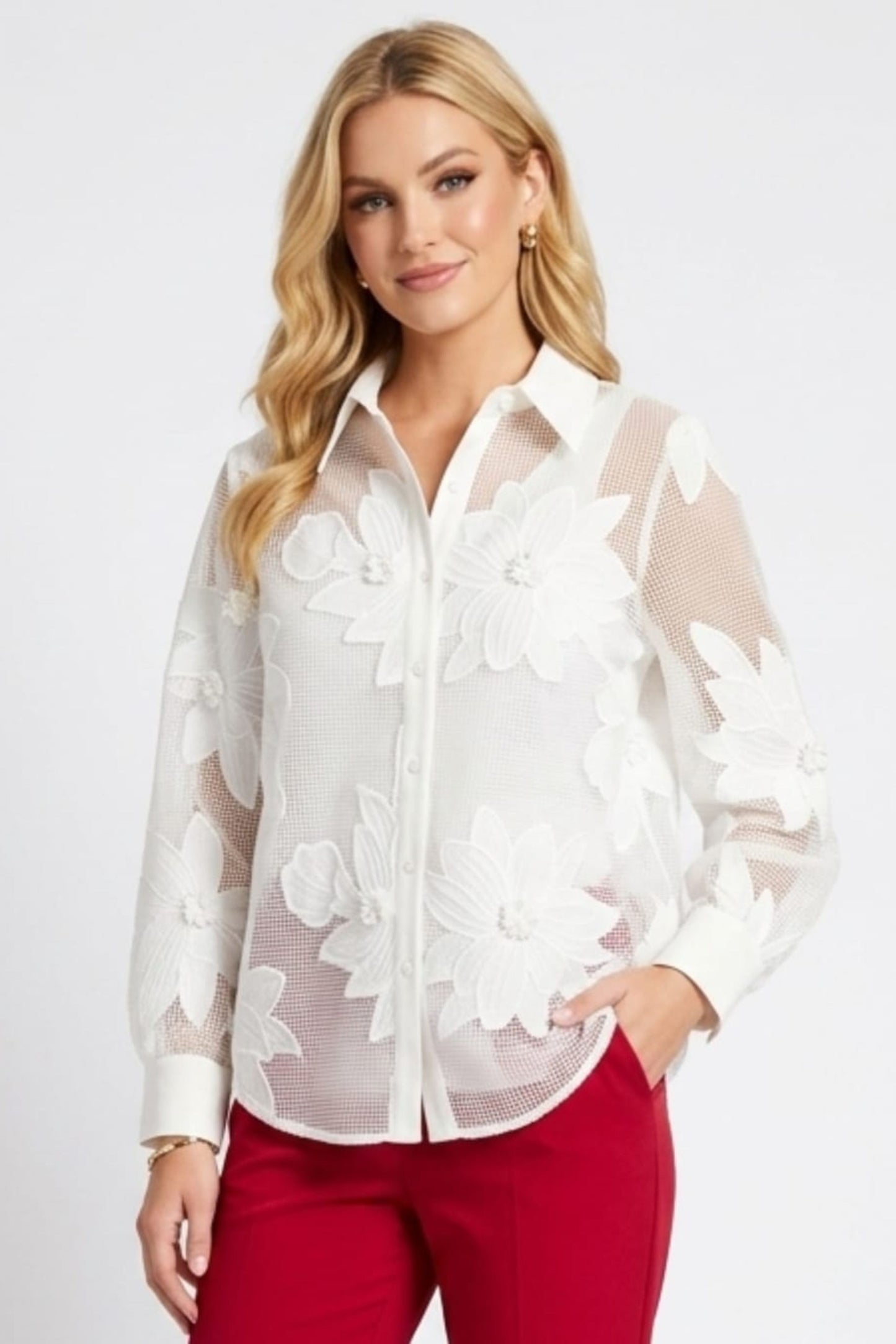VIVID Mesh Floral Appliqué Button-Down Shirt