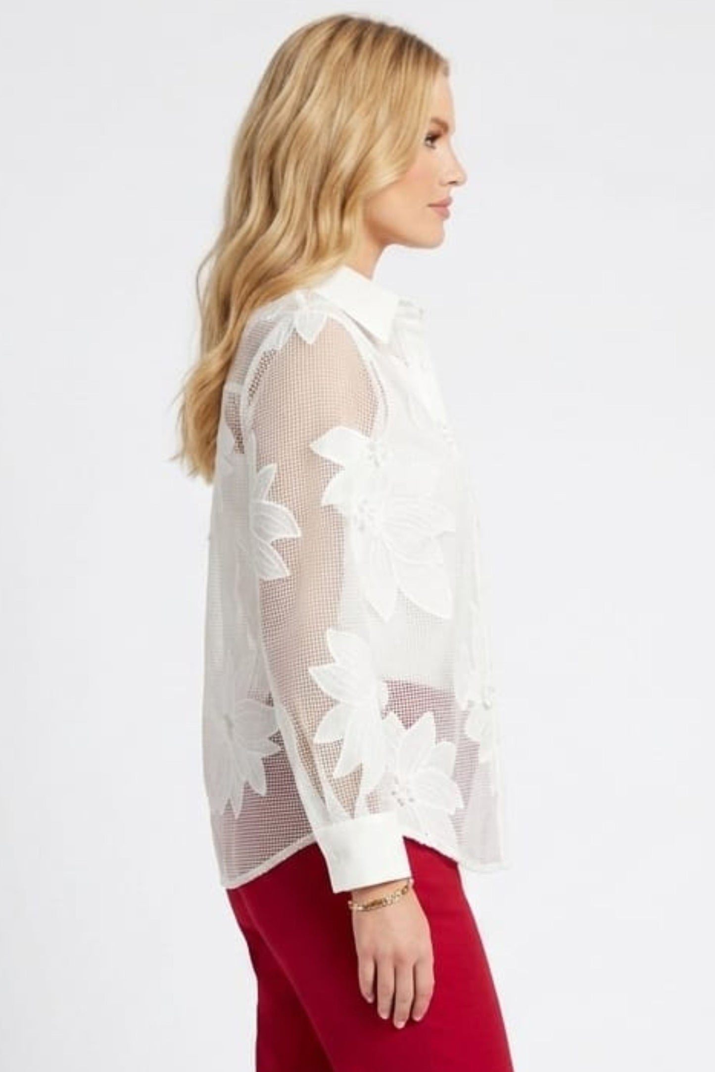 VIVID Mesh Floral Appliqué Button-Down Shirt