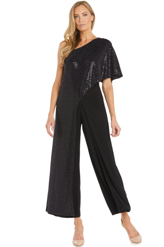 R&M Richards Black One-Shoulder Sequin Popover Asymmetric Jumpsuit