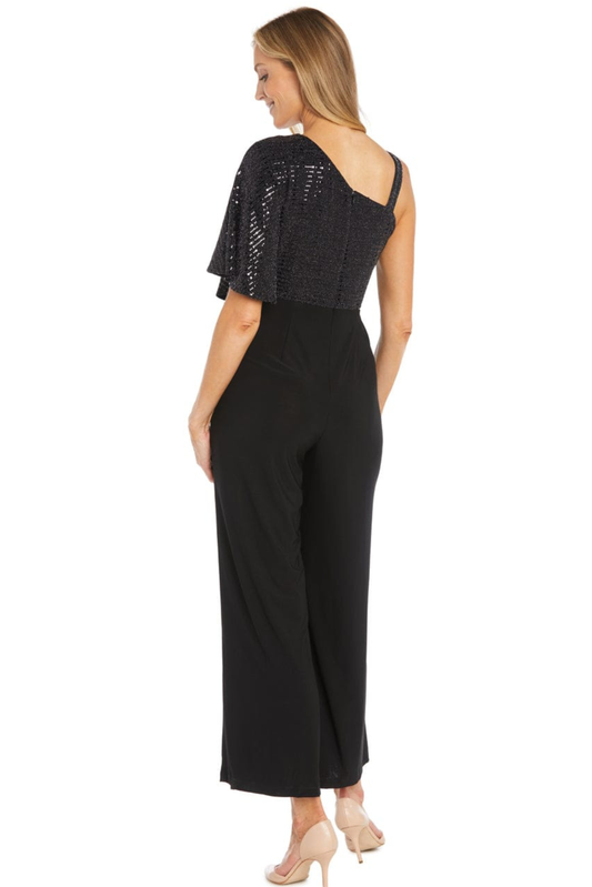 R&M Richards Black One-Shoulder Sequin Popover Asymmetric Jumpsuit